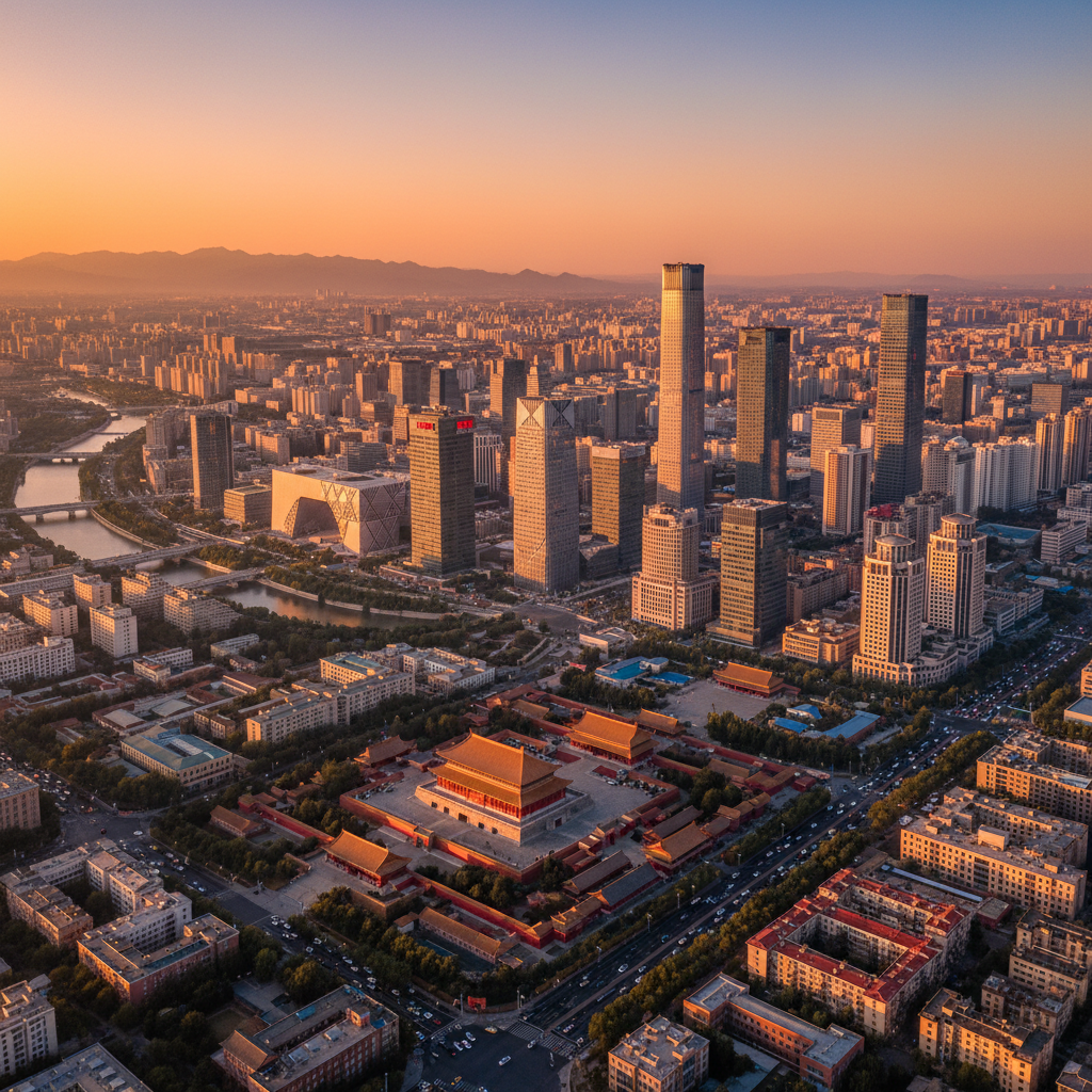 Vue aérienne de Pékin au coucher du soleil