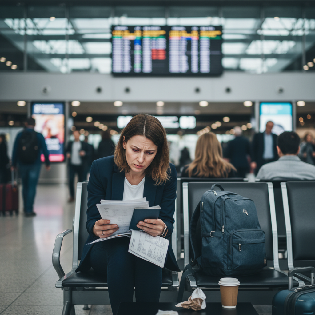 Voyageur stressé à aéroport avec documents