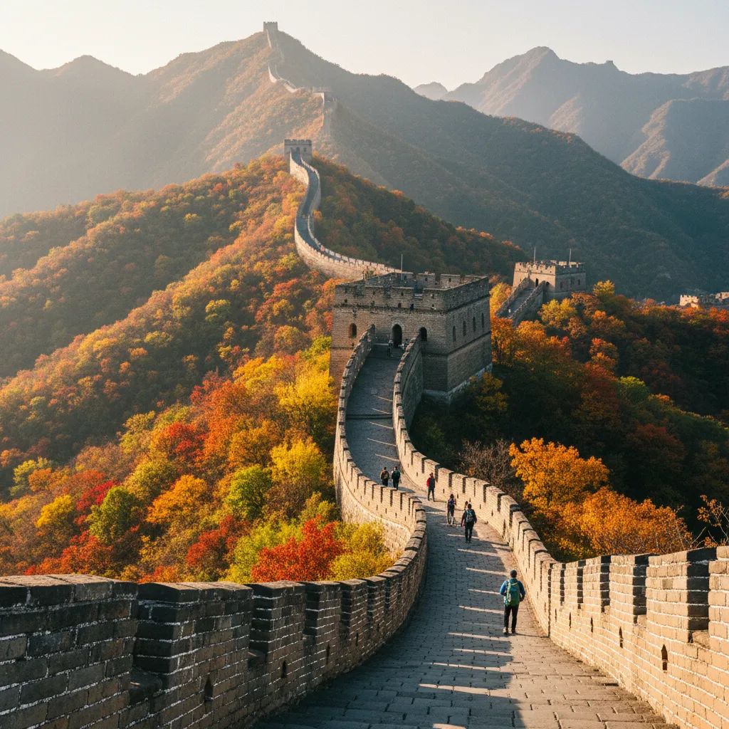 La Grande Muraille à Mutianyu en automne, entourée de feuillages aux couleurs chatoyantes