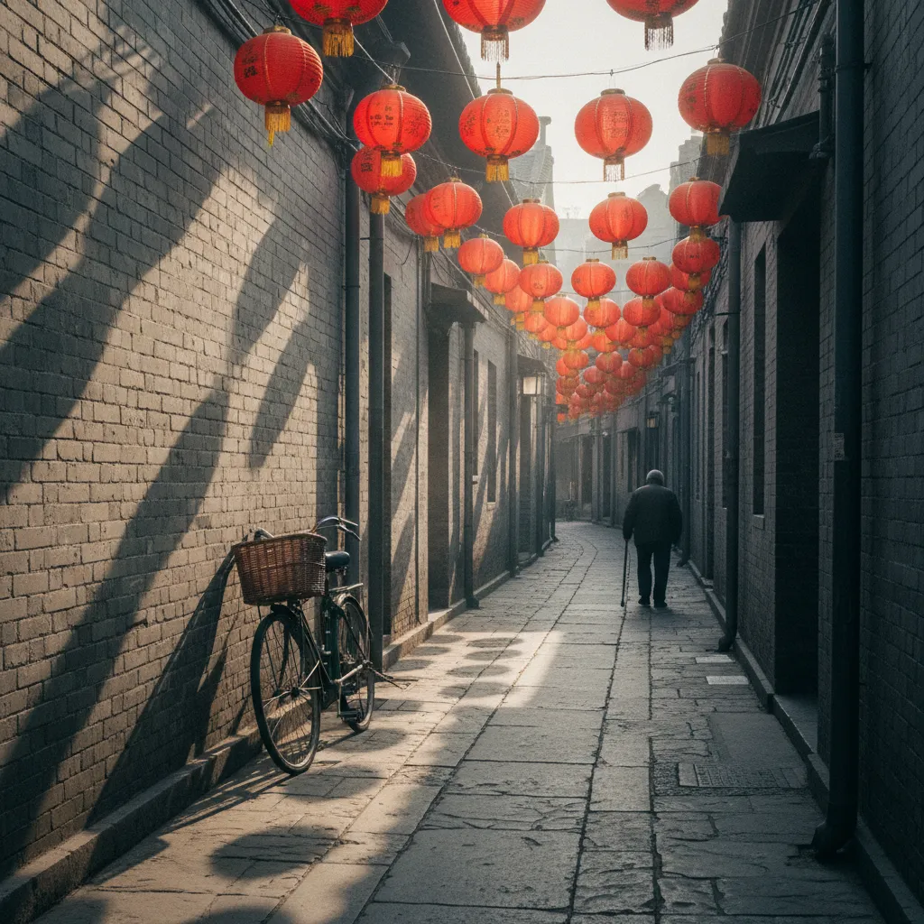 Ruelle traditionnelle d'un hutong pékinois ornée de lanternes rouges