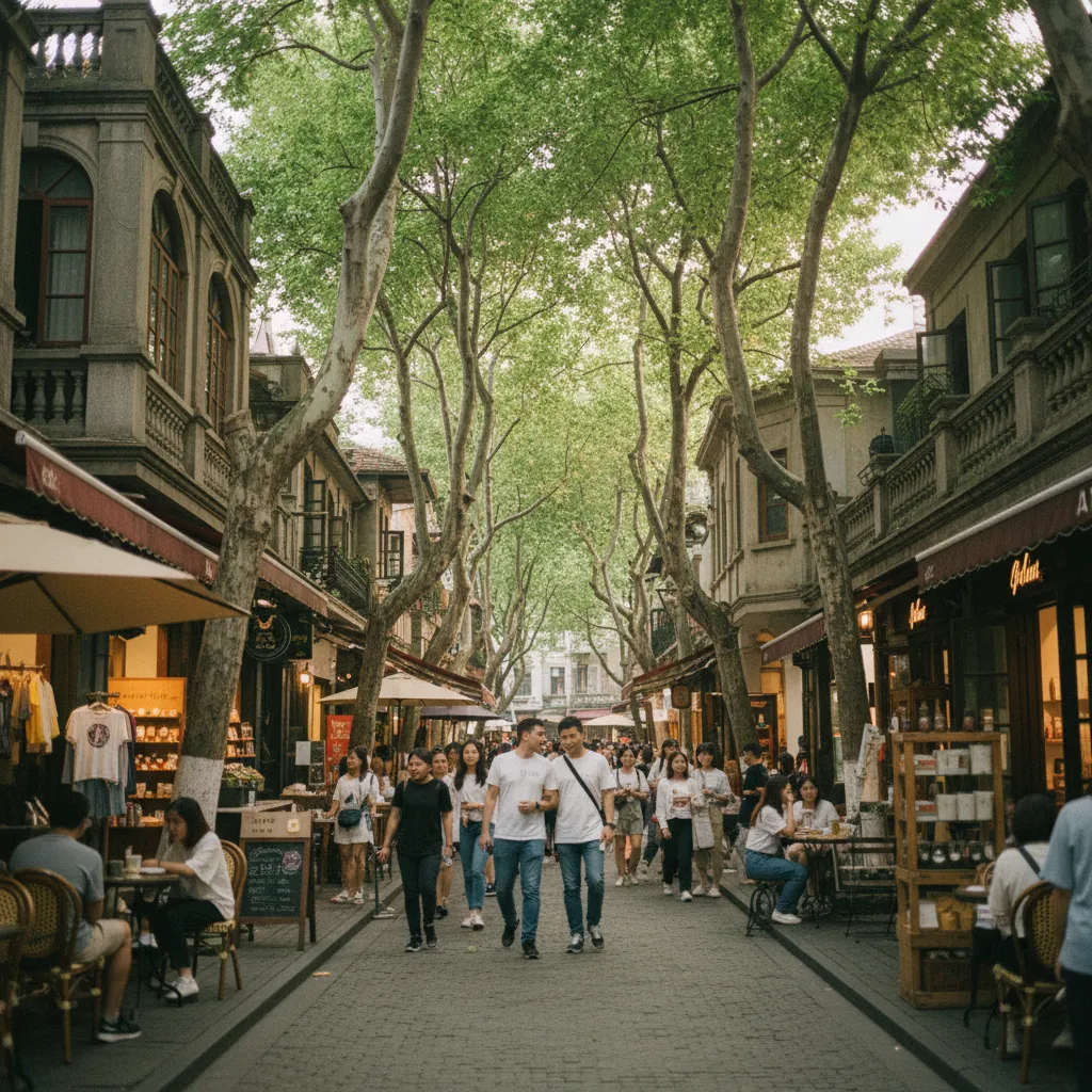 Ruelle animée de la concession française bordée de platanes centenaires