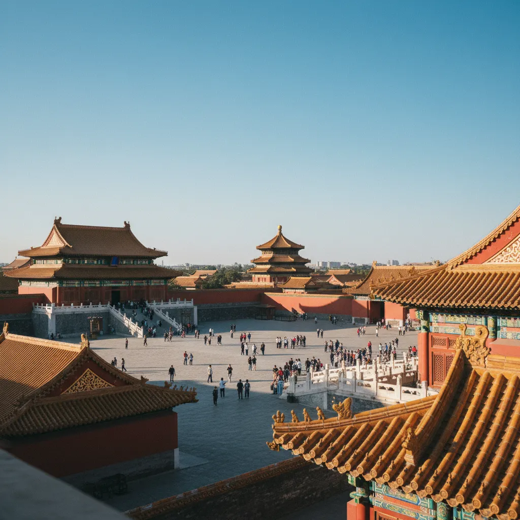La Cité interdite de Pékin et ses toitures dorées vues depuis une terrasse surélevée