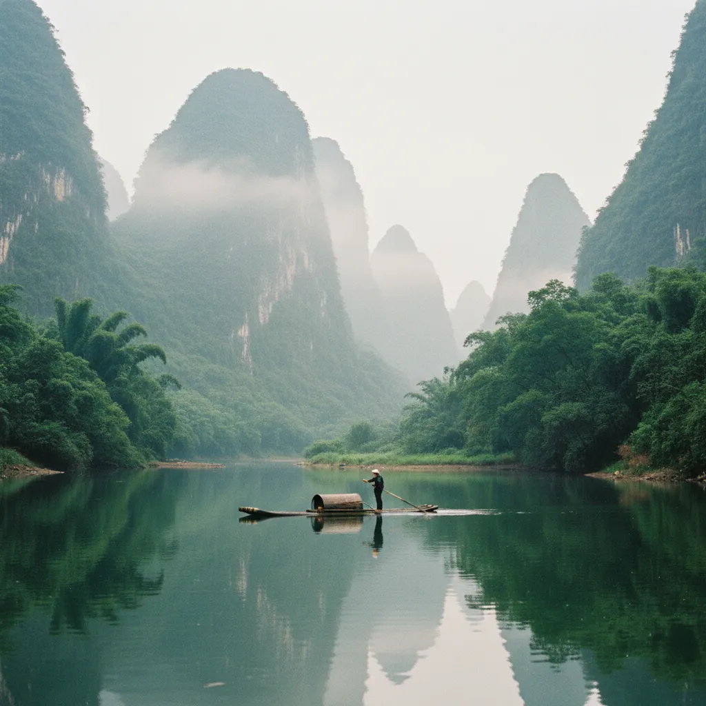Les pics karstiques de la rivière Li à Guilin baignés dans la brume matinale
