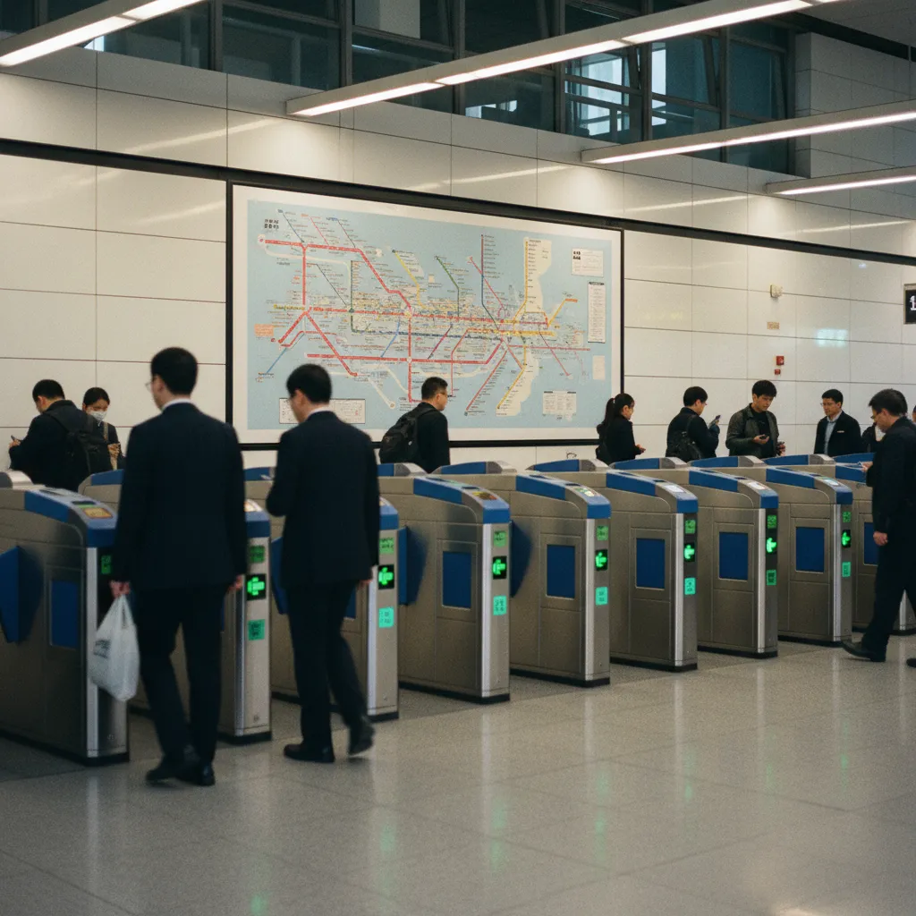 Station de métro à Shanghai avec ses portiques d'accès modernes et ses plans de lignes