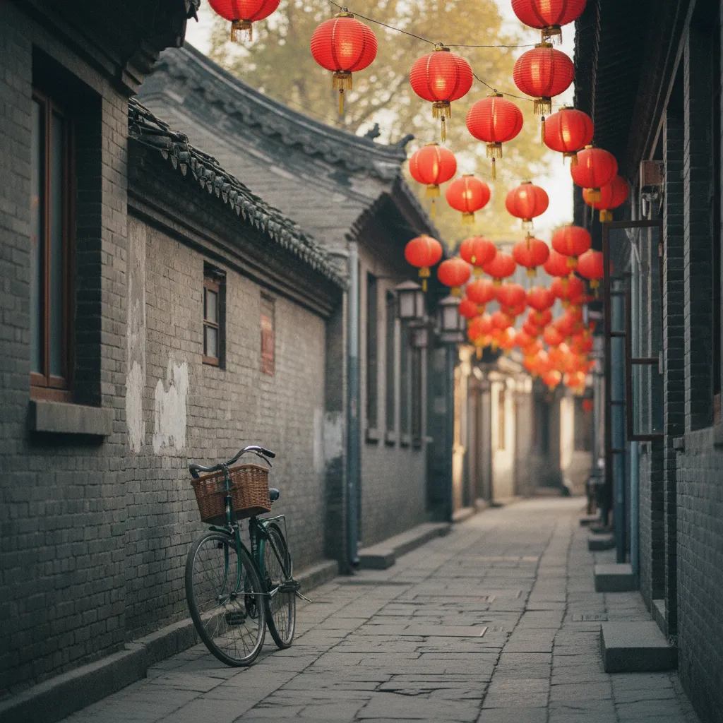 Ruelle traditionnelle dans les hutongs de Pékin avec lanternes rouges et vélo