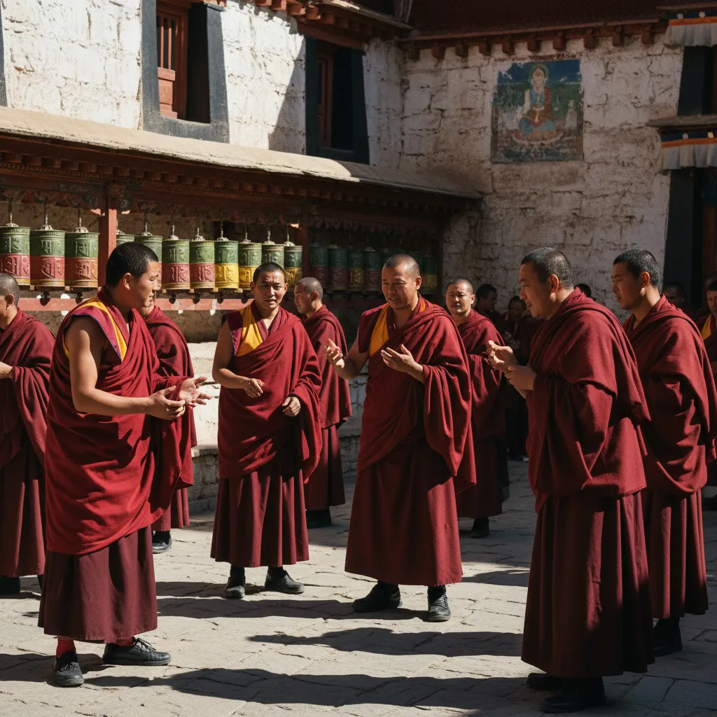 Moines bouddhistes lors d'un débat philosophique dans un monastère tibétain