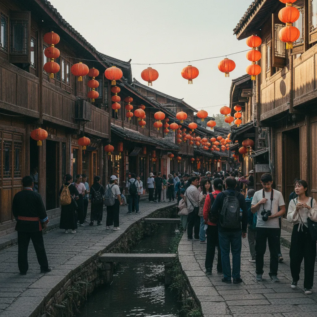 La vieille ville de Lijiang, classée au patrimoine mondial de l'UNESCO, avec ses canaux et lanternes traditionnelles