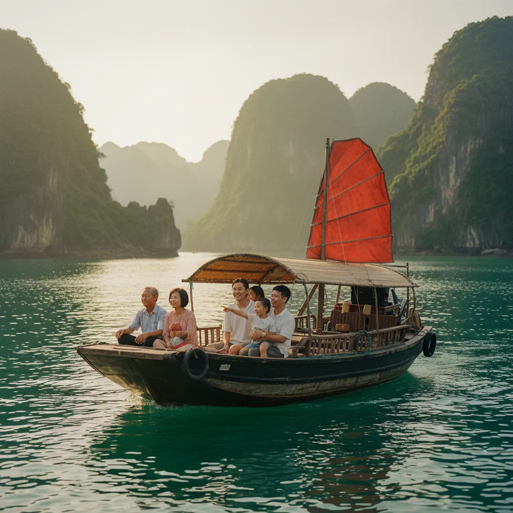 Croisière en barque traditionnelle dans la baie d'Ha Long avec des enfants