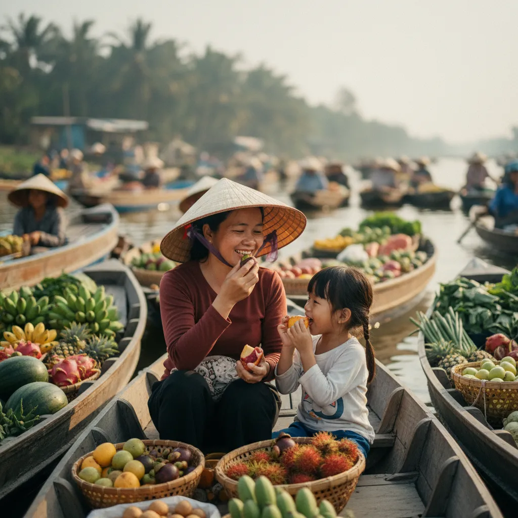 Dégustation de fruits tropicaux au marché flottant du delta du Mékong