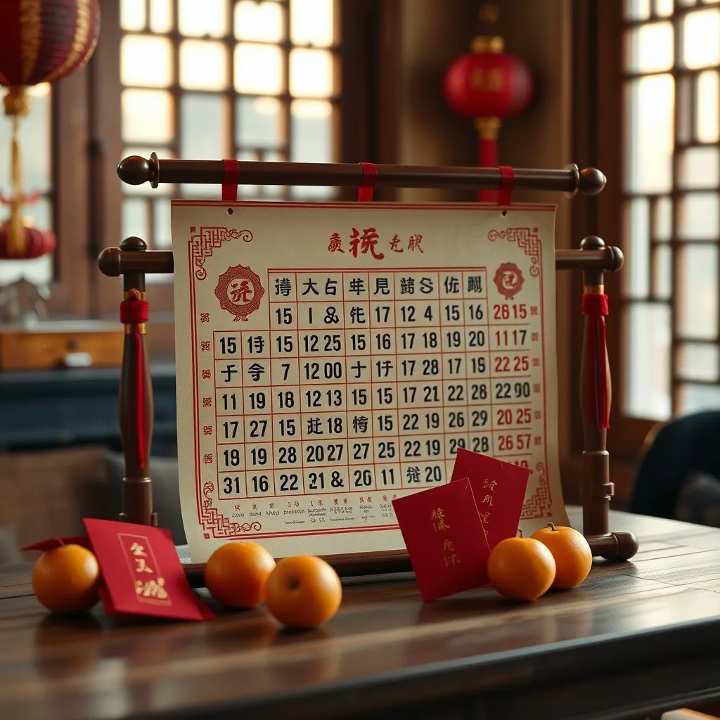 Calendrier lunaire traditionnel et enveloppes rouges préparés pour les festivités du Nouvel An chinois 2025