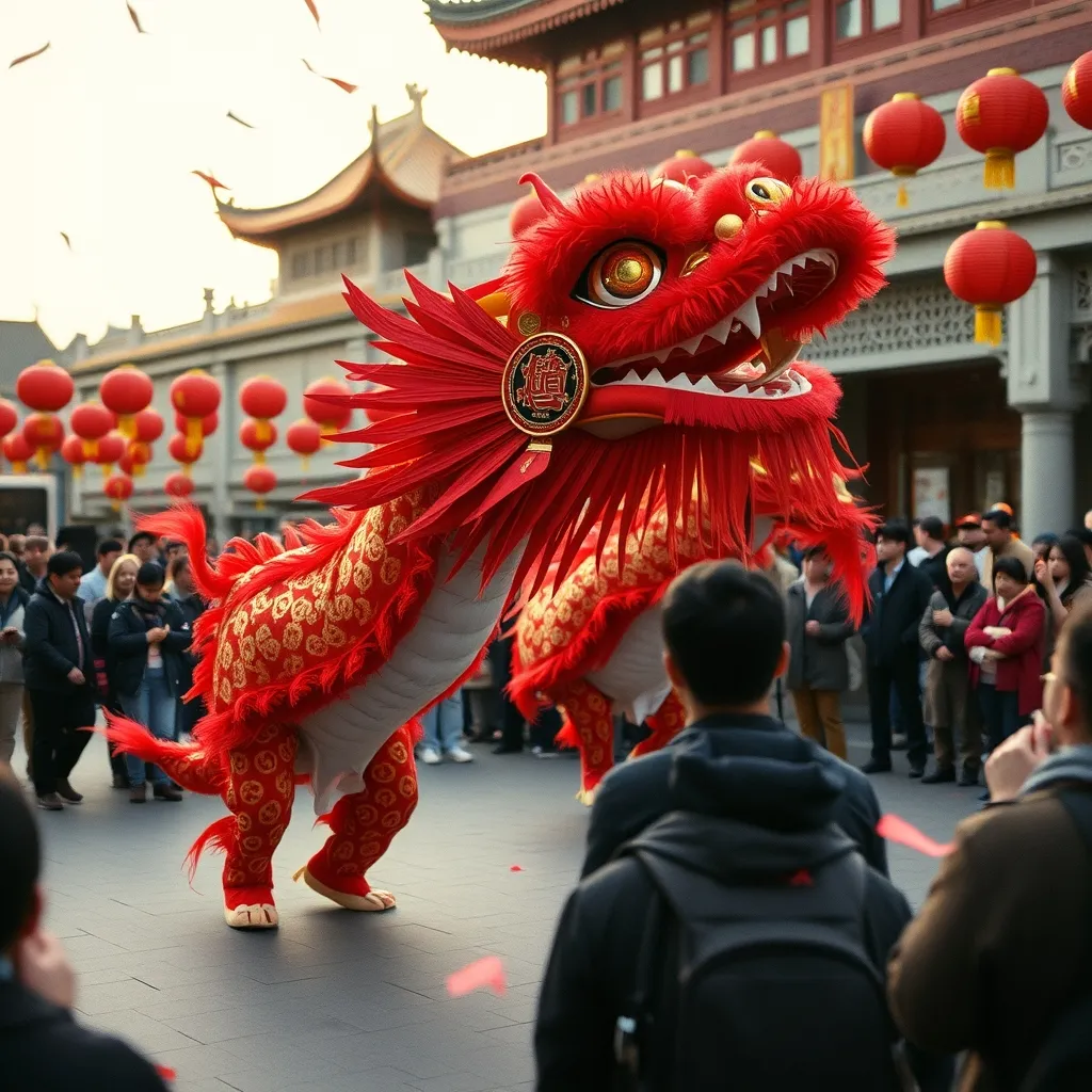 Danse du dragon lors des célébrations de la Fête du Printemps dans une ville chinoise