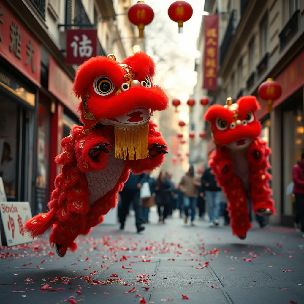 La danse du lion devant les commerces de l'avenue de Choisy lors du défilé du Nouvel An chinois