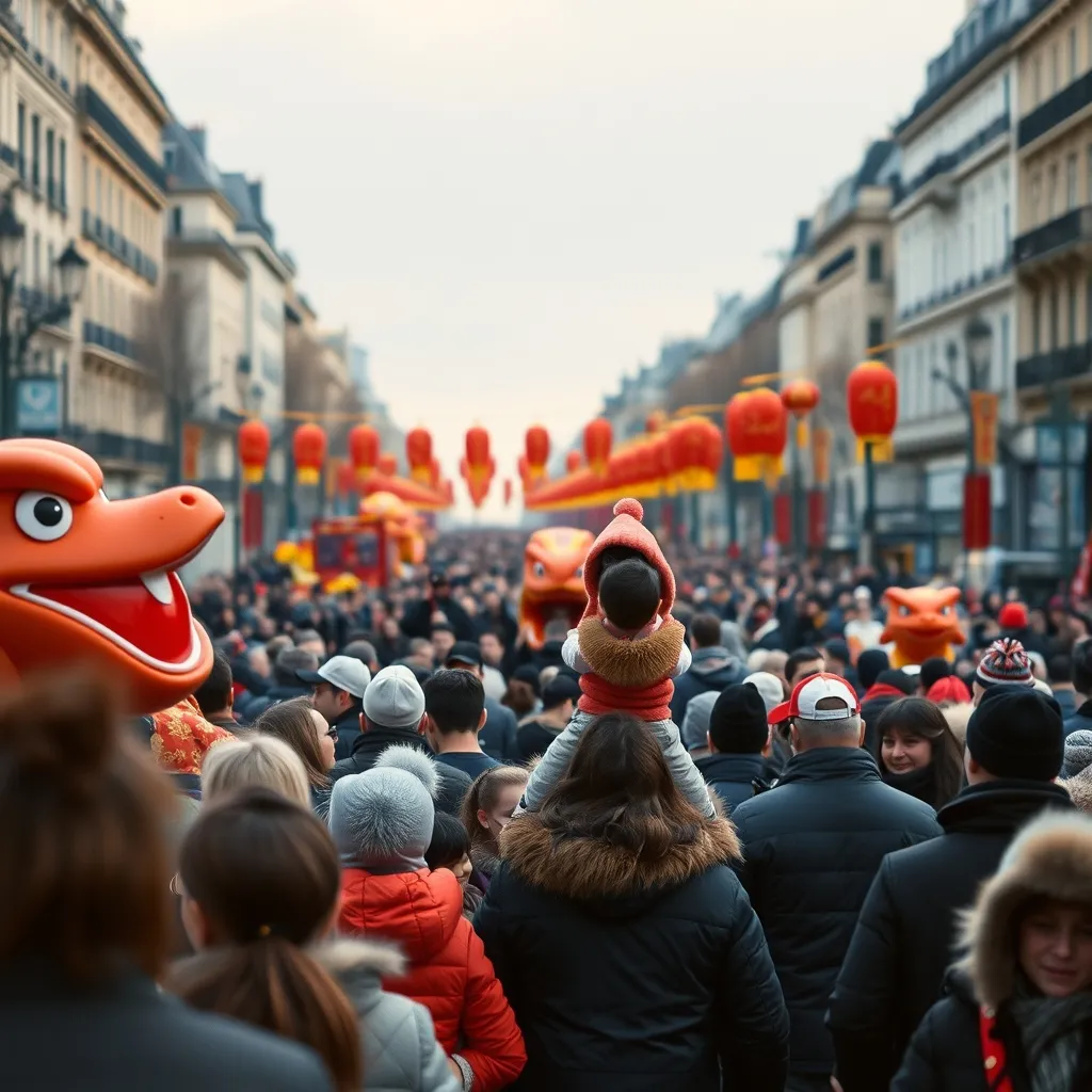 Des milliers de spectateurs admirent les chars décorés du cortège du Nouvel An chinois à Paris