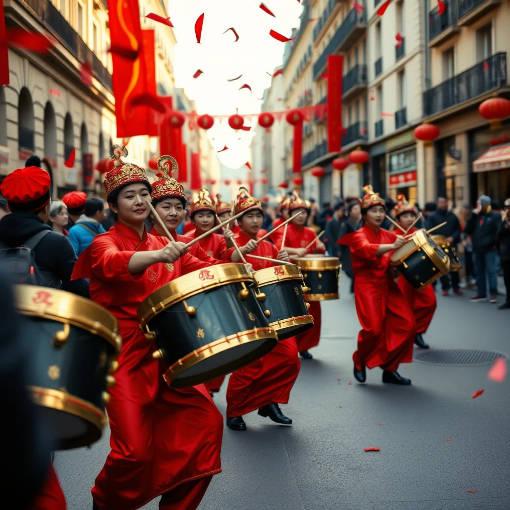 Les percussionnistes traditionnels rythment le défilé du Nouvel An chinois dans les rues de Paris