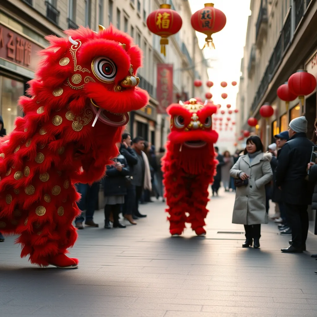 Les danseurs du lion exécutent une chorégraphie traditionnelle devant les commerces du quartier asiatique