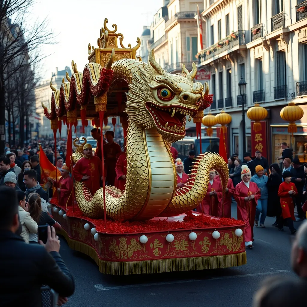 Un char décoré aux couleurs du Serpent défile sous les regards émerveillés des spectateurs