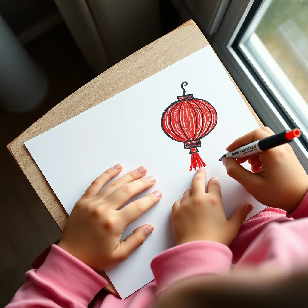 Un enfant dessine une lanterne rouge traditionnelle aux feutres de couleur