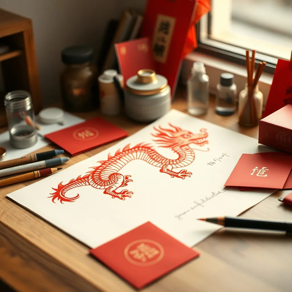 Dragon chinois dessiné à la main en rouge et or sur papier blanc