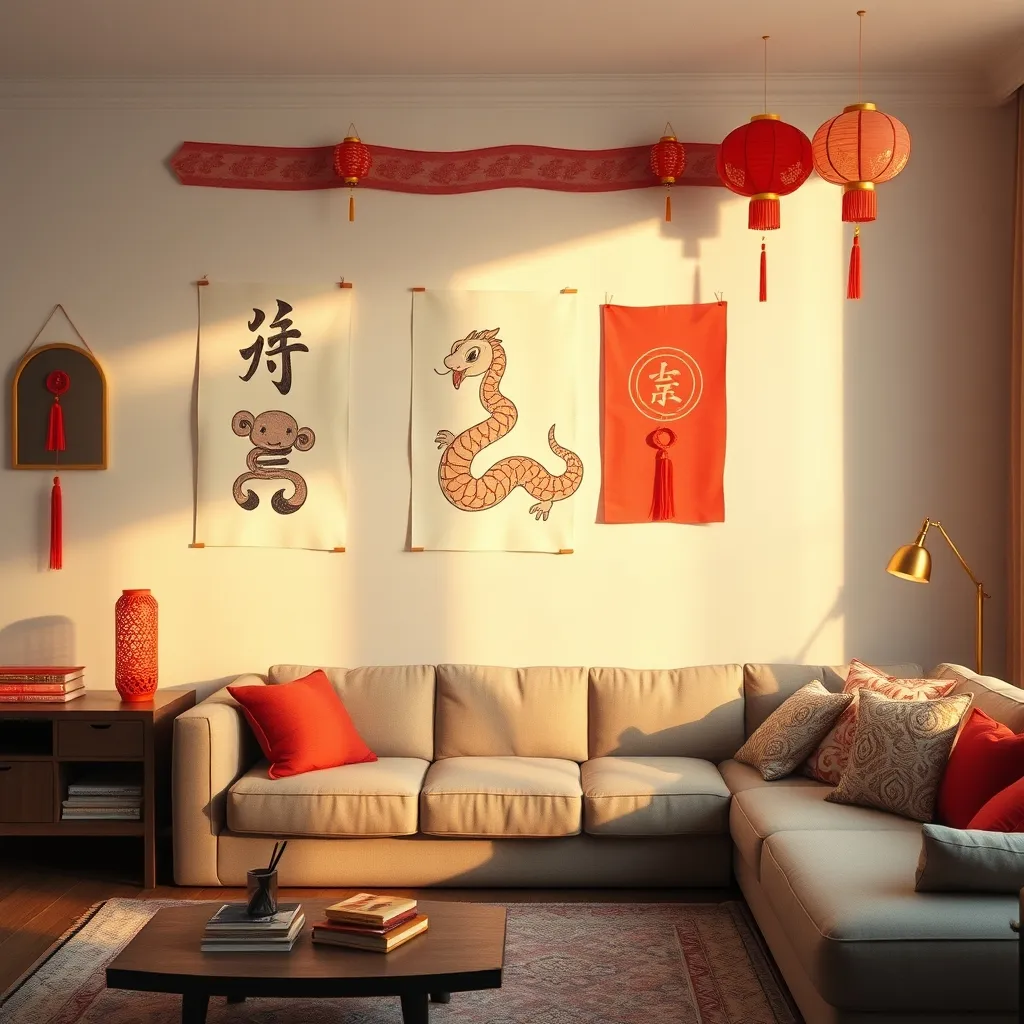 Dessins du Nouvel An chinois 2026 affichés comme décoration murale dans un salon