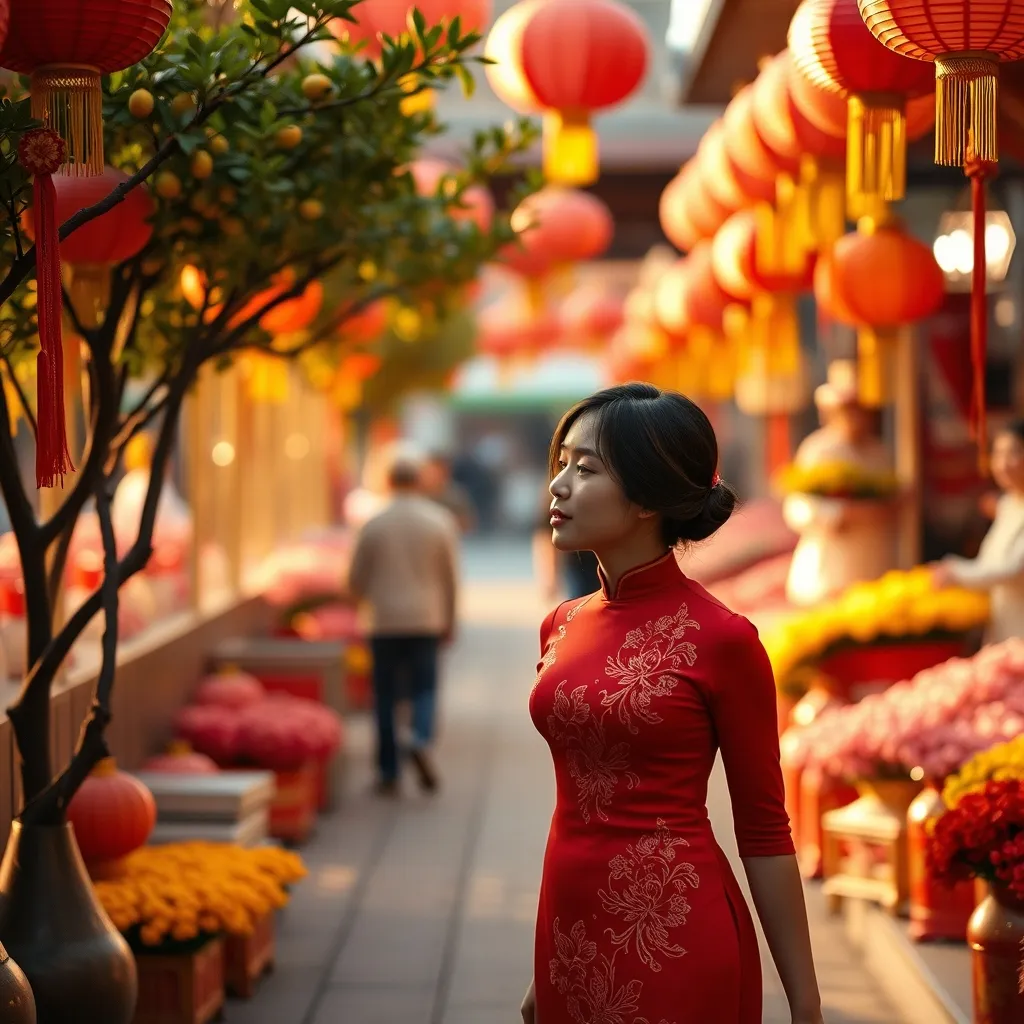 Une femme traverse un marché aux fleurs pendant les festivités du Nouvel An chinois