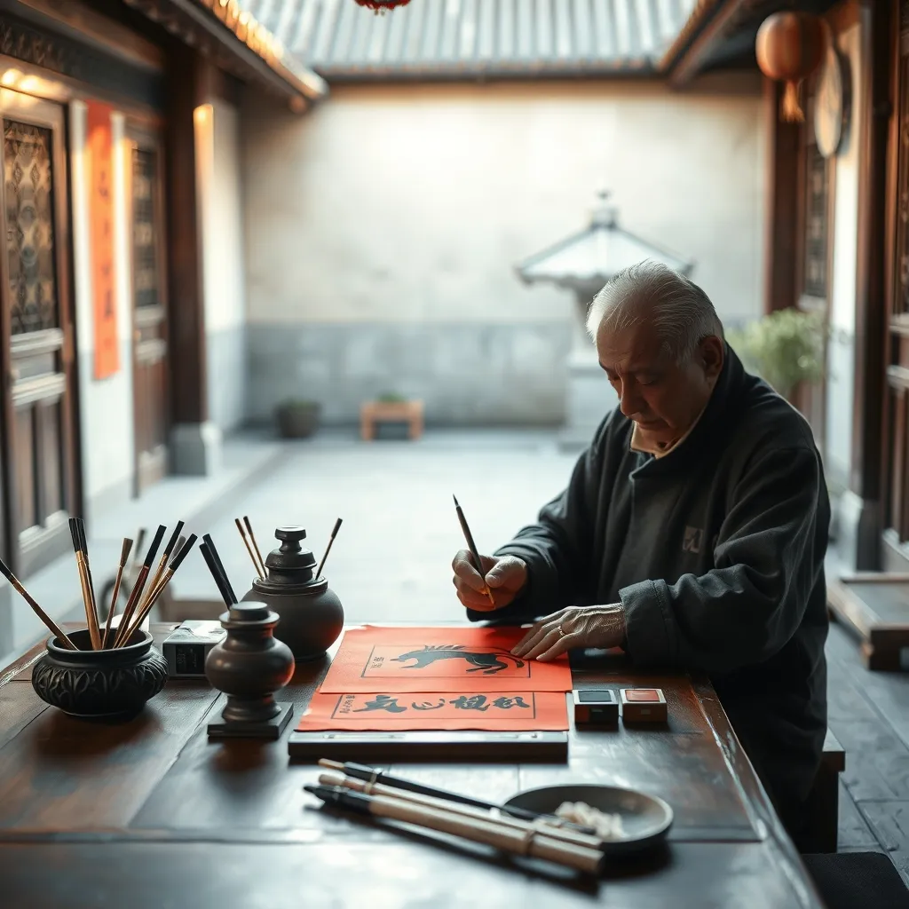 Calligraphe traçant les caractères des animaux du zodiaque chinois sur papier rouge