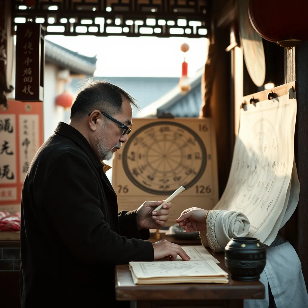 Astrologue chinois consultant une carte traditionnelle du zodiaque dans une rue de Pékin