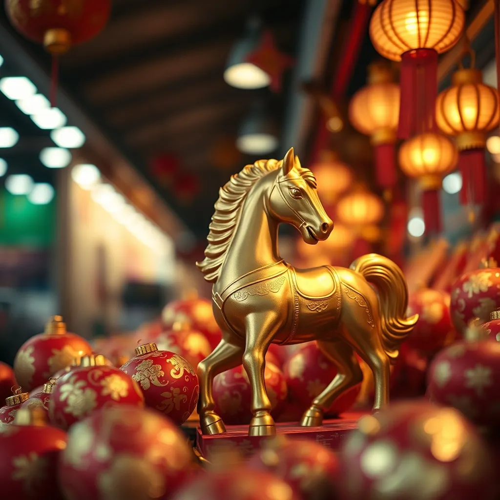 Sculpture dorée de cheval parmi les décorations du Nouvel An chinois 2026