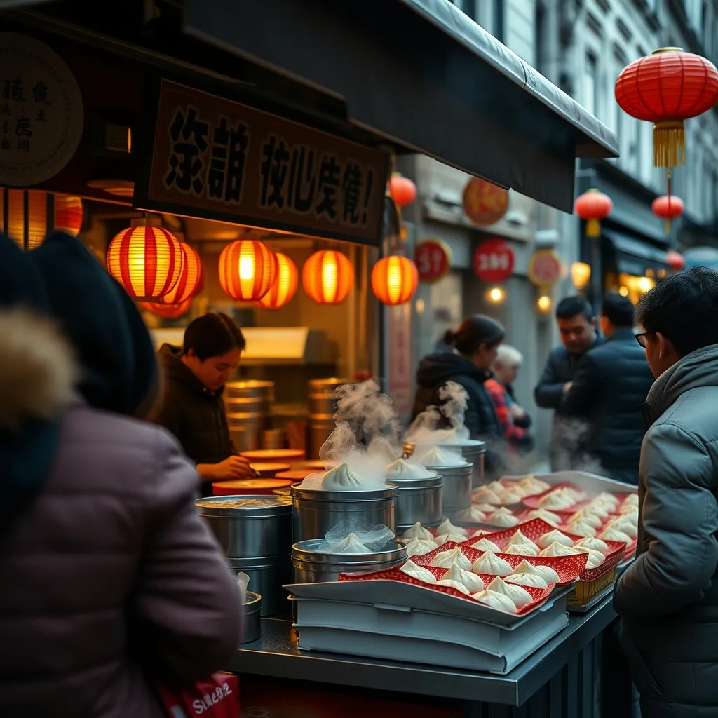 Les stands de street food proposent raviolis et brioches vapeur à déguster sur place