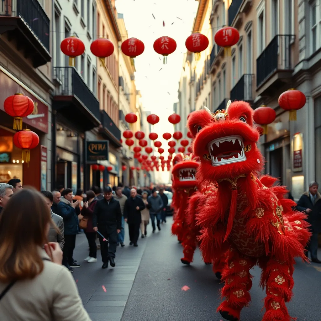 Défilé du Nouvel An chinois dans un quartier européen célébrant l'année du Cheval