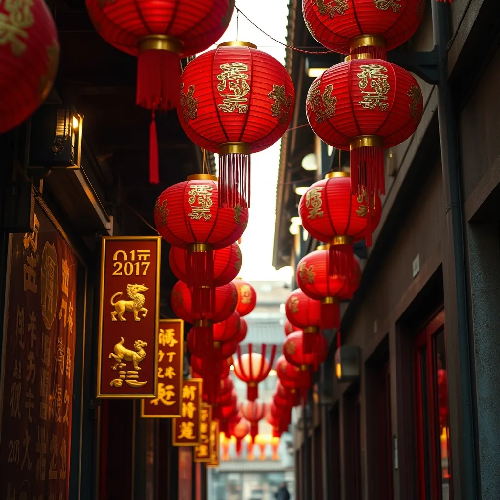Décorations du Nouvel An chinois dans une ruelle traditionnelle de Pékin