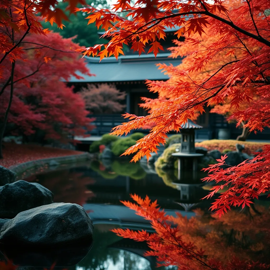 Un jardin traditionnel de Kyōto en automne, quand les érables se parent de rouge et d'orange