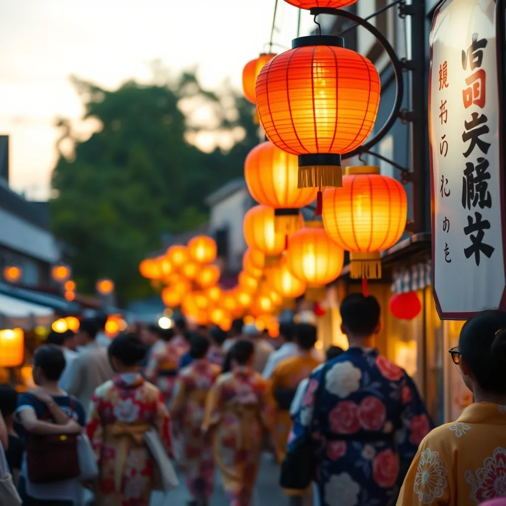 Un festival d'été japonais avec ses lanternes et ses yukata colorés dans les rues animées