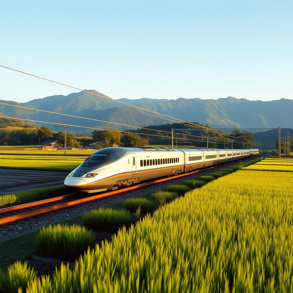 Le shinkansen traversant la campagne japonaise, un moyen de transport incontournable pour découvrir l'archipel