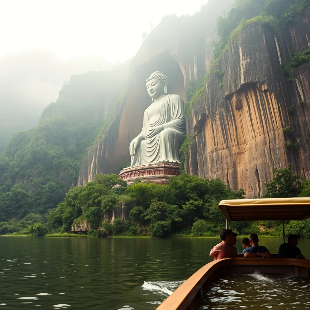 Le Grand Bouddha de Leshan vu depuis la rivière, une excursion à la journée depuis Chengdu
