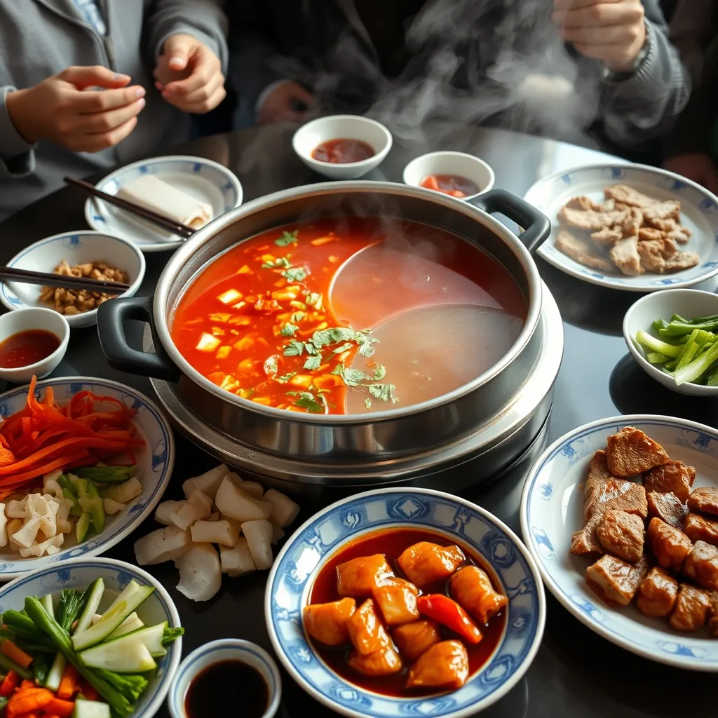 Le hotpot sichuanais avec son bouillon épicé rouge et son bouillon clair, entouré d'ingrédients frais
