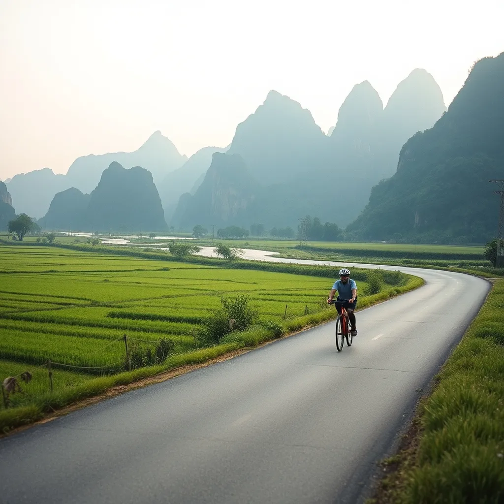 Balade à vélo le long de la rivière Yulong à Yangshuo, entre rizières et pics karstiques
