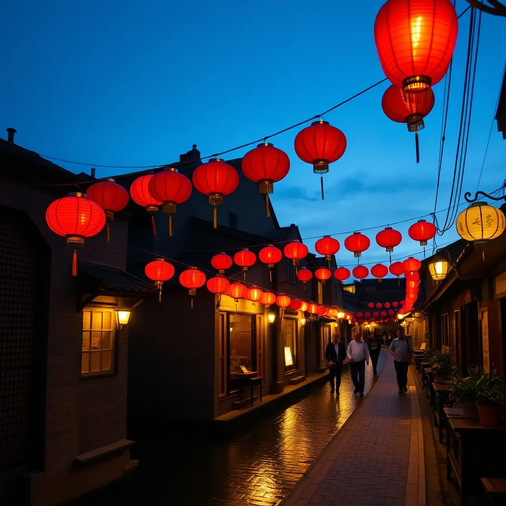 La rue Pingjiang au crépuscule, éclairée par les lanternes rouges traditionnelles