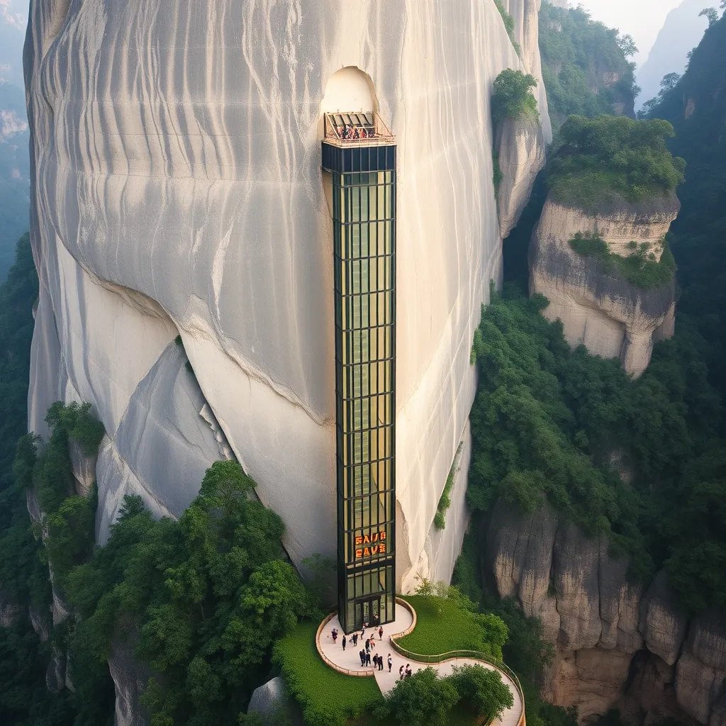 L'ascenseur Bailong, plus haut ascenseur extérieur du monde, accroché à la falaise de Yuanjiajie