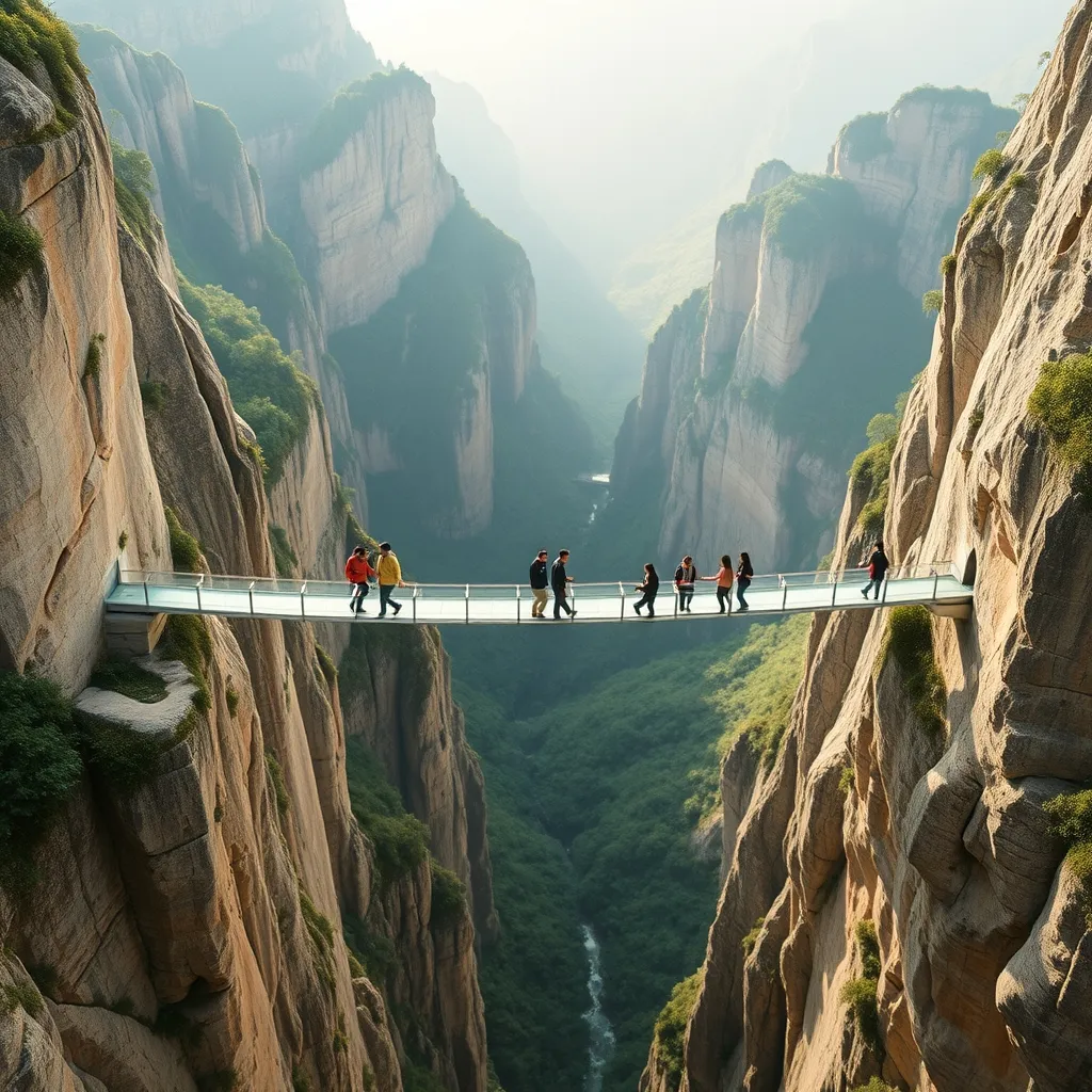 Le pont de verre du Grand Canyon de Zhangjiajie surplombant la vallée à 300 mètres de hauteur