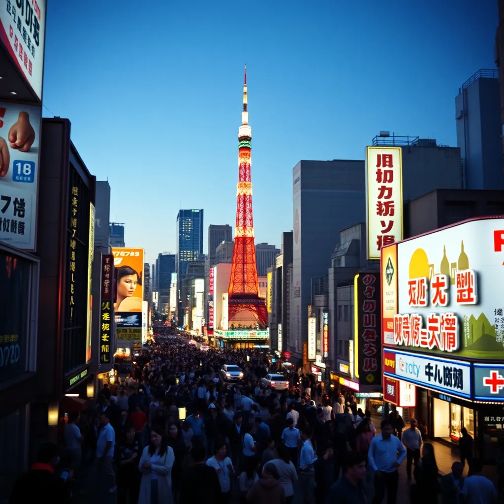Le carrefour de Shibuya à Tokyo au crépuscule, première étape de l'itinéraire