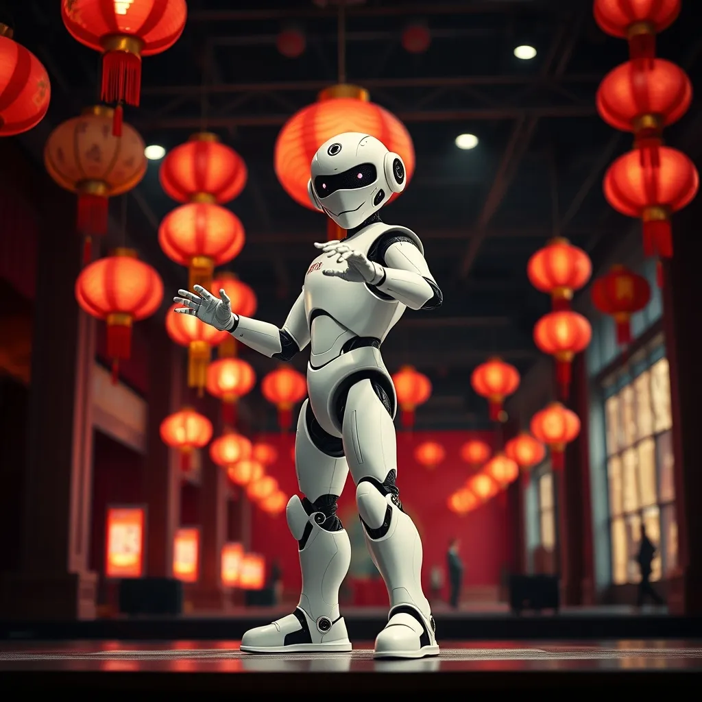 Robot humanoïde en position de kung-fu sur la scène du Gala de CCTV