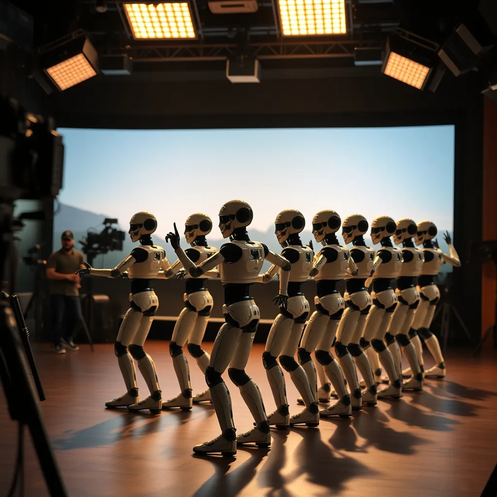 Coulisses du gala avec les robots en formation synchronisée avant la diffusion