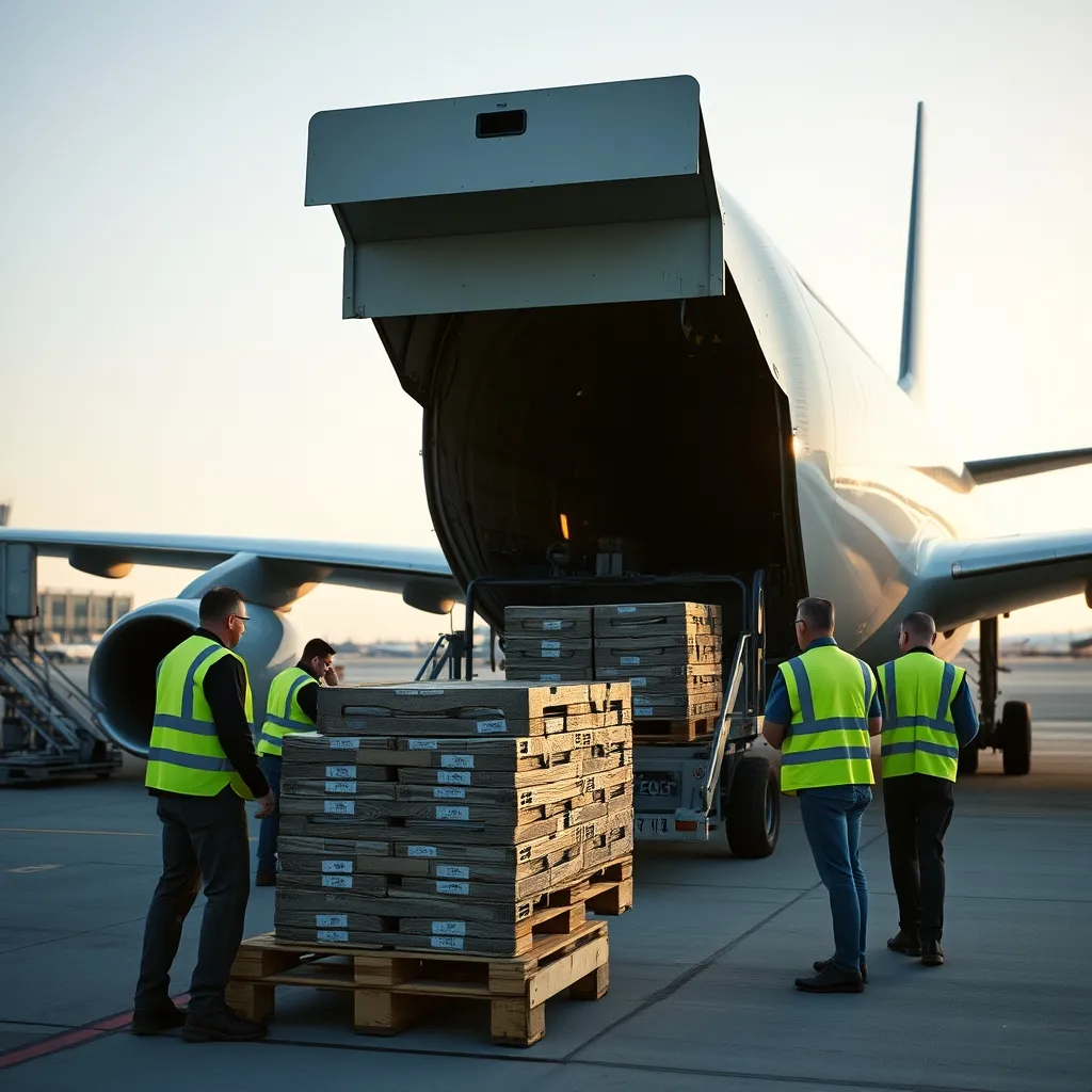 Chargement de palettes de fret aérien dans la soute d'un avion cargo