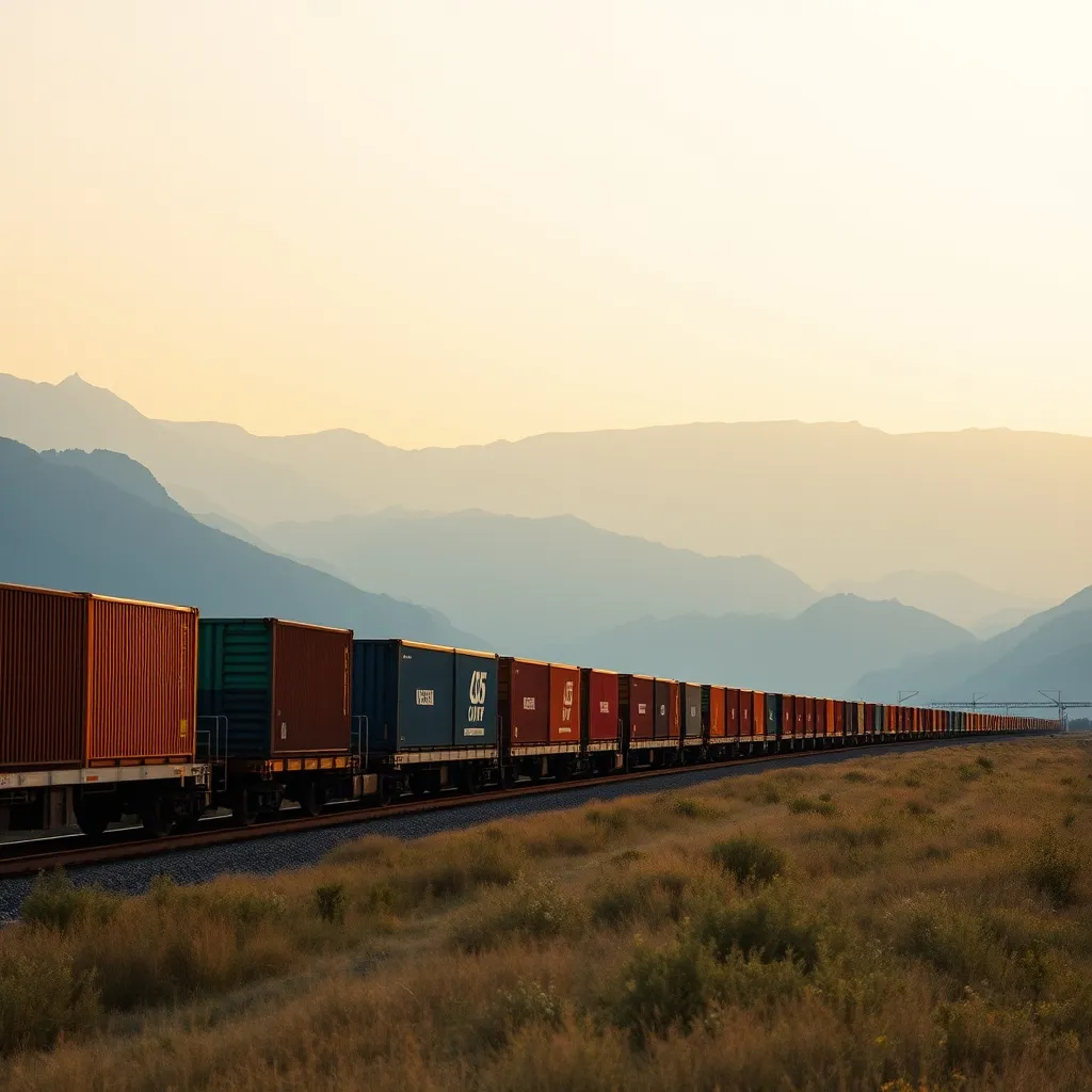 Un train de marchandises sur la route ferroviaire Chine-Europe traversant un paysage montagneux