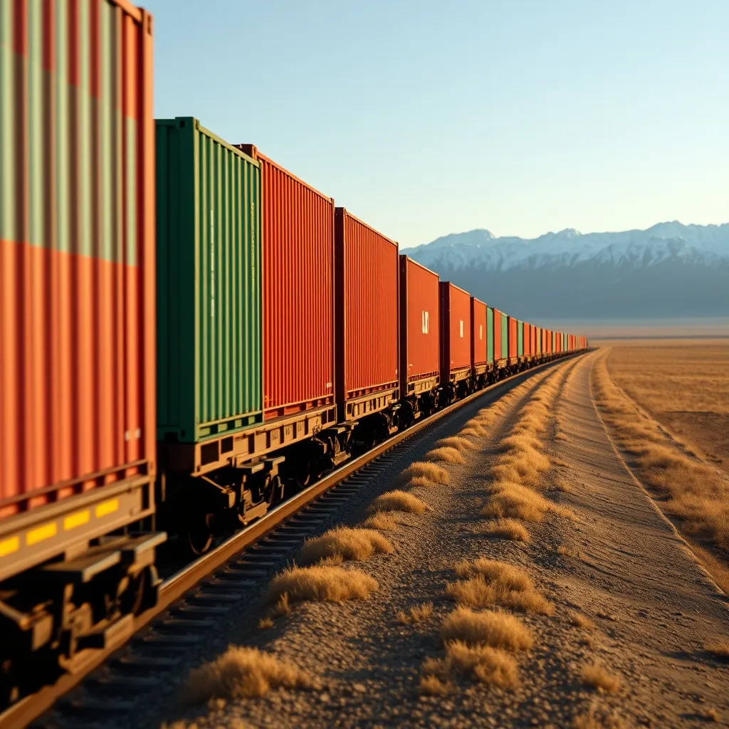 Un train de fret China-Europe Railway Express traversant les steppes d'Asie centrale