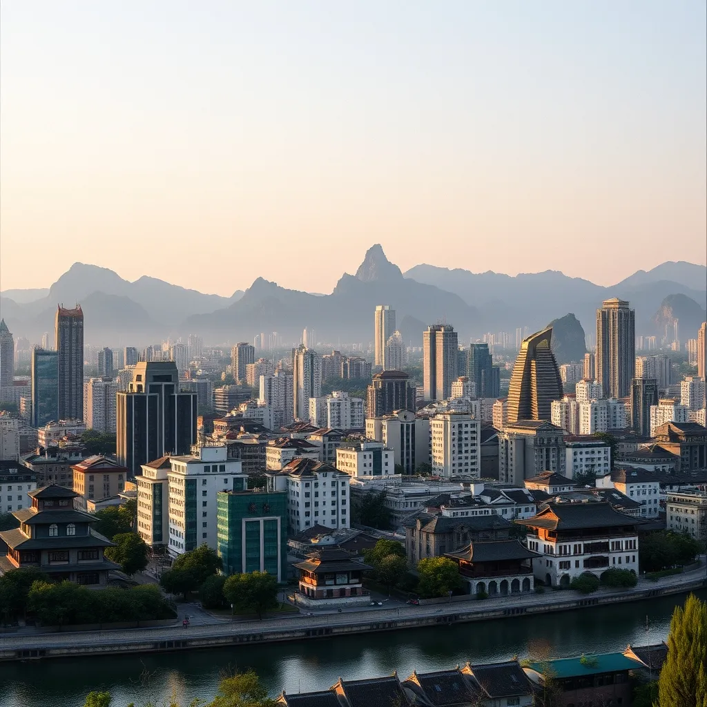 Vue panoramique sur la ville de Guilin et ses collines karstiques