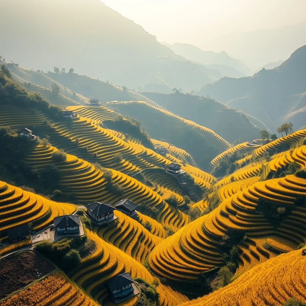 Les rizières en terrasses de Longji parées de leurs teintes dorées d'automne