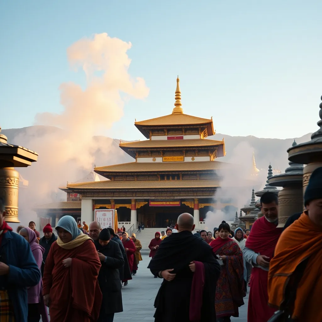 Pèlerins tibétains effectuant la kora autour du temple du Jokhang dans le quartier du Barkhor