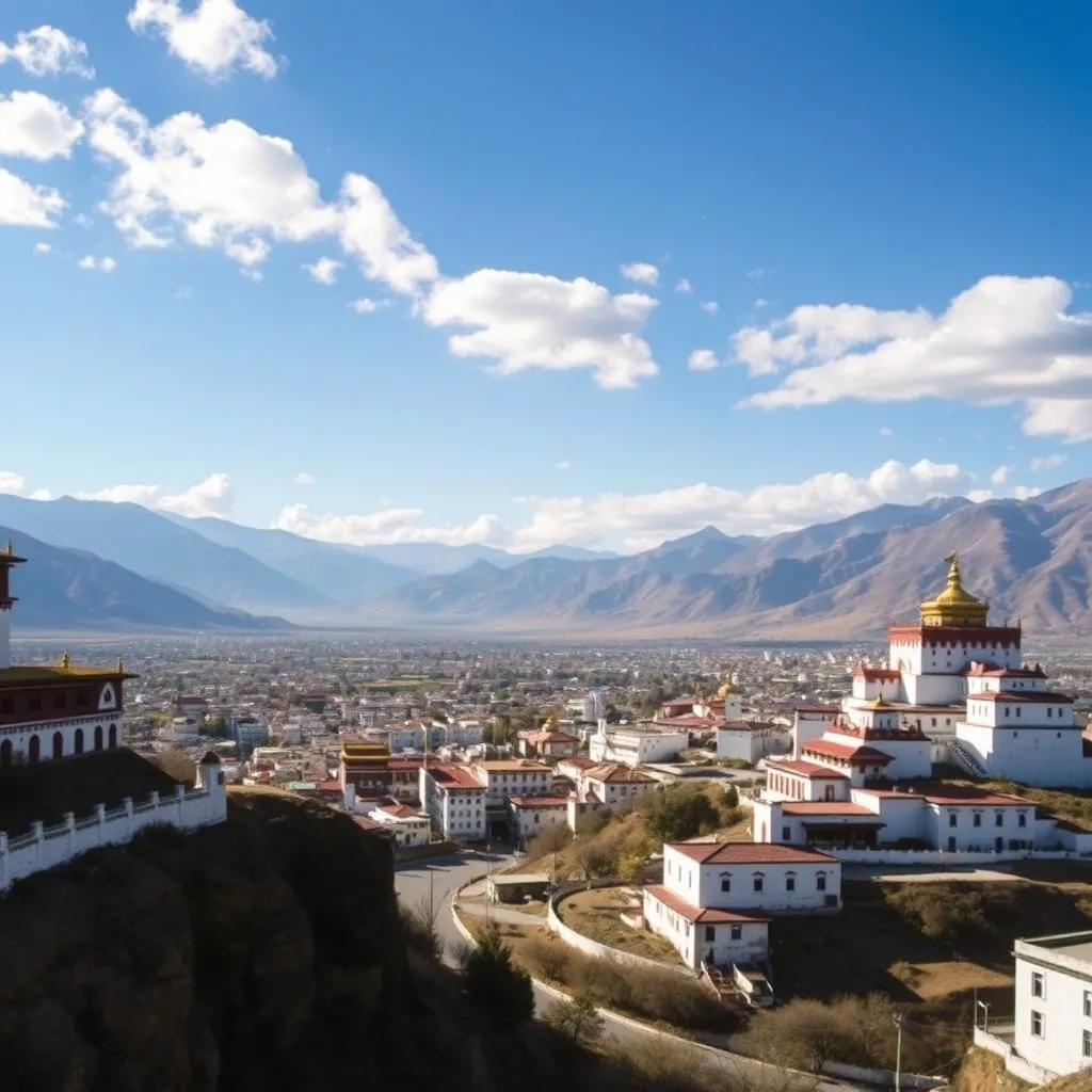 Vue panoramique sur la vallée de Lhassa depuis le monastère de Drepung