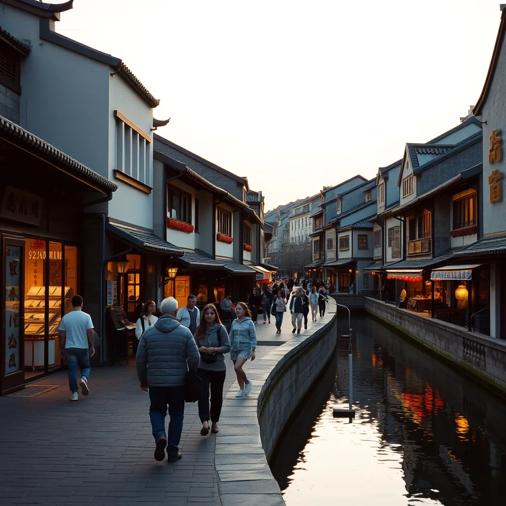 La rue Pingjiang, cœur historique de Suzhou, au coucher du soleil